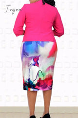 Ingvn - Green Plus Size Casual Print Patchwork O Neck Wrapped Skirt Plus Size Two Pieces