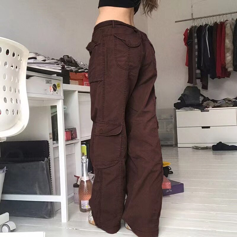 Voguable  Fashion American Trousers High Street Retro Gray Cargo Pants  Woman Sexy Low Waist Baggy Pants Casual Trousers Streetwear