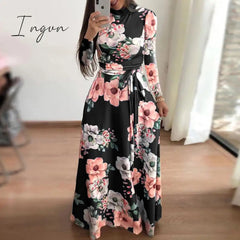Ingvn - Flower Print Long Sleeve Maxi Dress Spring Autumn Casual Slim Sashes Long Dress Women Elegant Robe Party Dresses Plus Size S-5XL