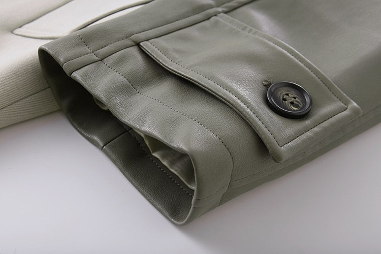 Women's Coat Spring Autumn Windbreaker Jacket Female Green Trench Quality Clothing Leather Stitching Windproof Long Ladies Cloak