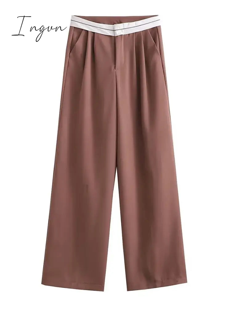 Ingvn - 2023 Women Fashion Side Pockets Patchwork Straight Pants Vintage High Waist Zipper Fly Female Casual Trousers Mujer