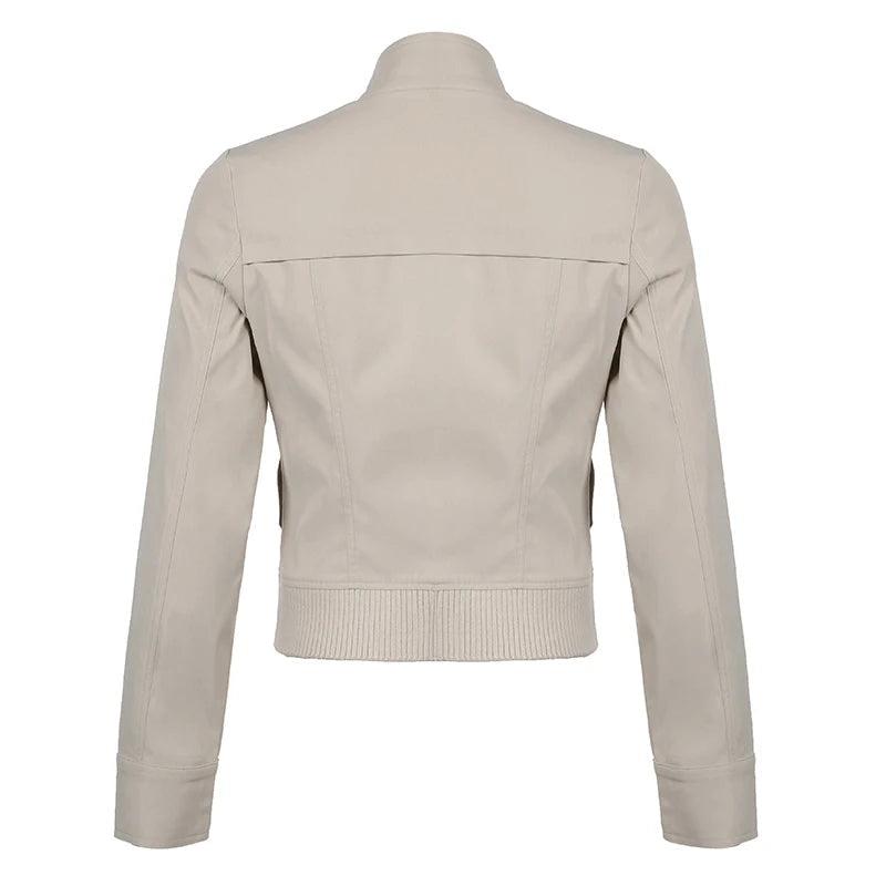Patchwork Zip-up Cropped Jacket y2k Streetwear Full Sleeve Turtleneck Pockets Coat for Women Vintage 2000s Clothing Basic