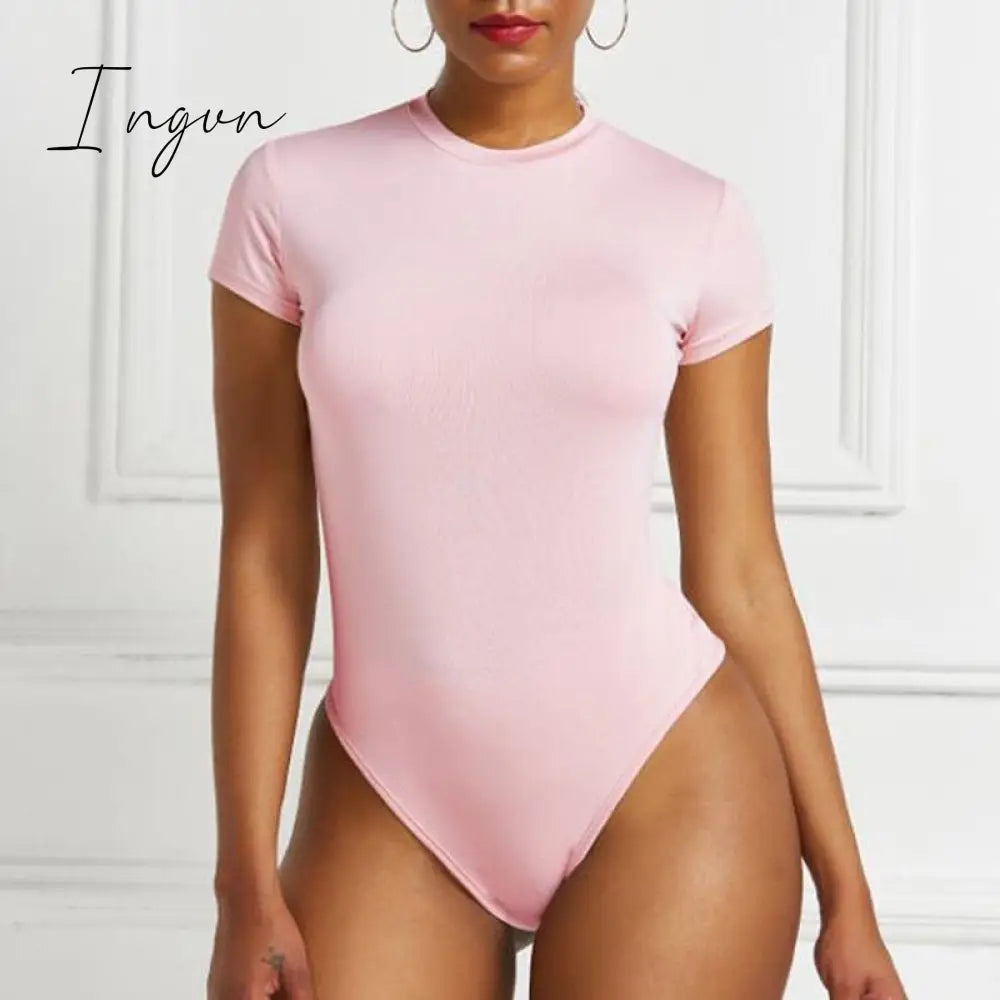 Ingvn - Sexy One Piece Bodycon Bodysuit Short Sleeve O Neck Open Basic White Black Red Overalls Women Body Top Skinny Rompers Female