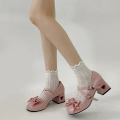 Pink Mary Jane Lolita Shoes Women Autumn Patent Leather Low Heels Pumps Woman Silk Bowtie Ankle Straps Loafers Party Shoes