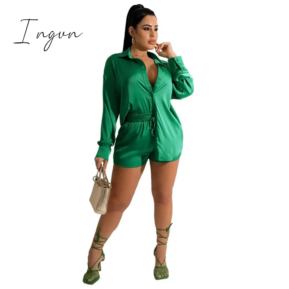 Ingvn - Women Elegant Satin Two Piece Sets Casual Feamle Solid Loose Outfits Long Sleeve Shirt And Wide Leg Straight Pants Suits