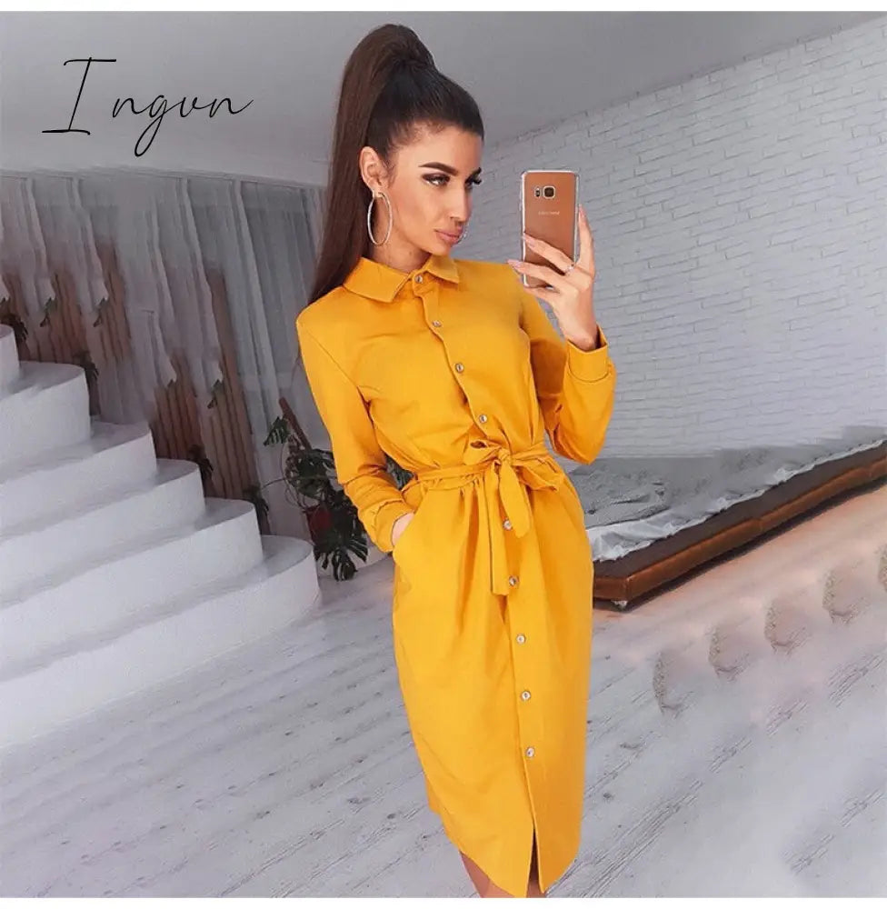 Ingvn - Lady Office Dress Autumn Long Sleeve Shirt Dress Fashion Turn-down Collar Single-breasted Party Dresses Платье  Casual Vestido