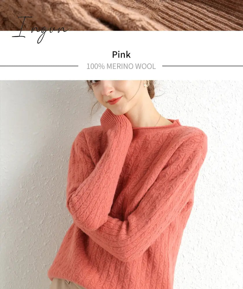 Ingvn - 100% Merino Wool Cashmere Sweater Women Winter Warm O-Neck Long Sleeve Ladies Pullover knitted Autumn Jumper Vintage Sweater
