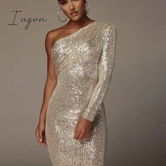 Ingvn - Sexy One Shoulder Dress Sparkle Glitzy Sequins Dress Mesh Patchwork Celebrity Christmas Party Vestidos