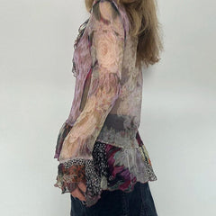 Vintage Transparent Crop Top with Slit 90s Mesh Print Ruffles Patchwork Full Sleeve Bandage Women T-shirt Grunge y2k Tees