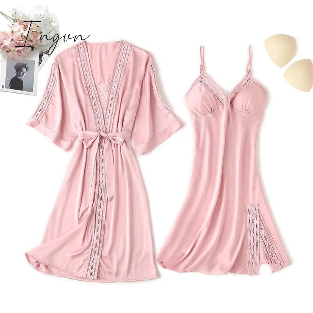 Ingvn - Lace Trim Sexy Wedding Lady Robe Suit Loose Satin Bride Bridesmaid Kimono Bathrobe Gown Mini Sleepwear Rayon Intimate Lingerie