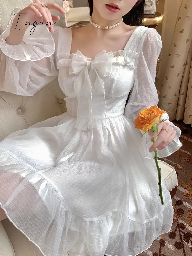 Ingvn - French Sweet Fairy Lolita Dress Women Long Sleeve Lace Y2k Mini Dress Vintage Kawaii Clothes One Piece Dress Korean Autumn