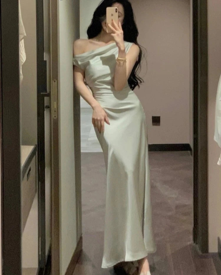Women Elegant Solid Evening Party Dresses Summer Fashion Korean Graduation Formal Dress Off Shoulder Slim Vestidos Clothing