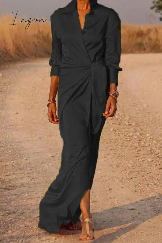 Ingvn - Casual Solid Bandage Patchwork Turndown Collar Shirt Dress Dresses