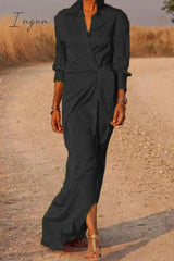 Ingvn - Casual Solid Bandage Patchwork Turndown Collar Shirt Dress Dresses