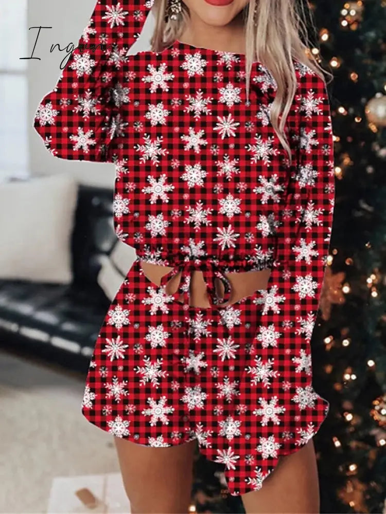 Ingvn - Women's Loungewear Sets Stripe Snowflake Casual Comfort Home Christmas Daily Polyester Breathable Crew Neck Long Sleeve Shorts Spring Fall Wine Red