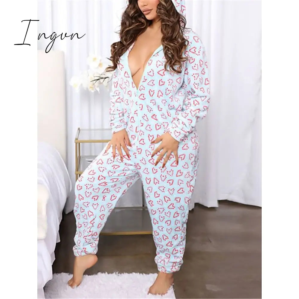 Ingvn - Women's Pajamas Jumpsuit Leopard Star Warm Comfort Plush Home Christmas Flannel Warm Breathable Hoodie Long Sleeve Pocket Fall Winter Leopard Print Moon blue