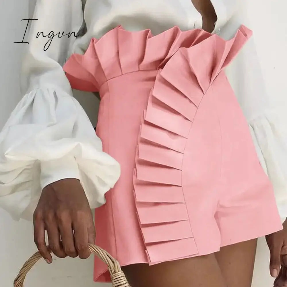 Ingvn - Women's Bottom Ruffle Hem Shorts Pleated High Waist Solid 2023 New Fashion Pant Elegant Summer Casual Female Clothing Outfits