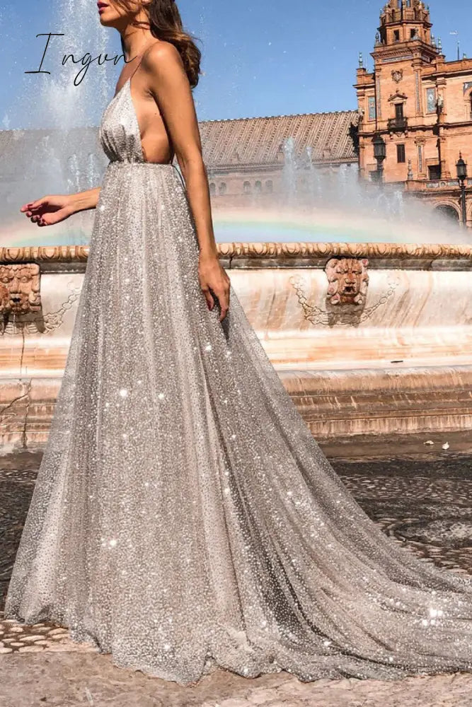 Ingvn - Sexy Formal Solid Sequined V Neck Sling Dress Dresses