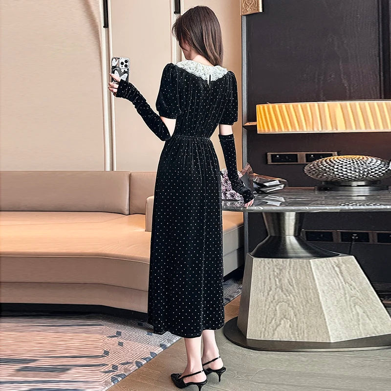 Elegant Fashion Velvet Black Midi Dresses for Women Autumn New Vintage Slim Casual Evening Birthday Party Female Clothing