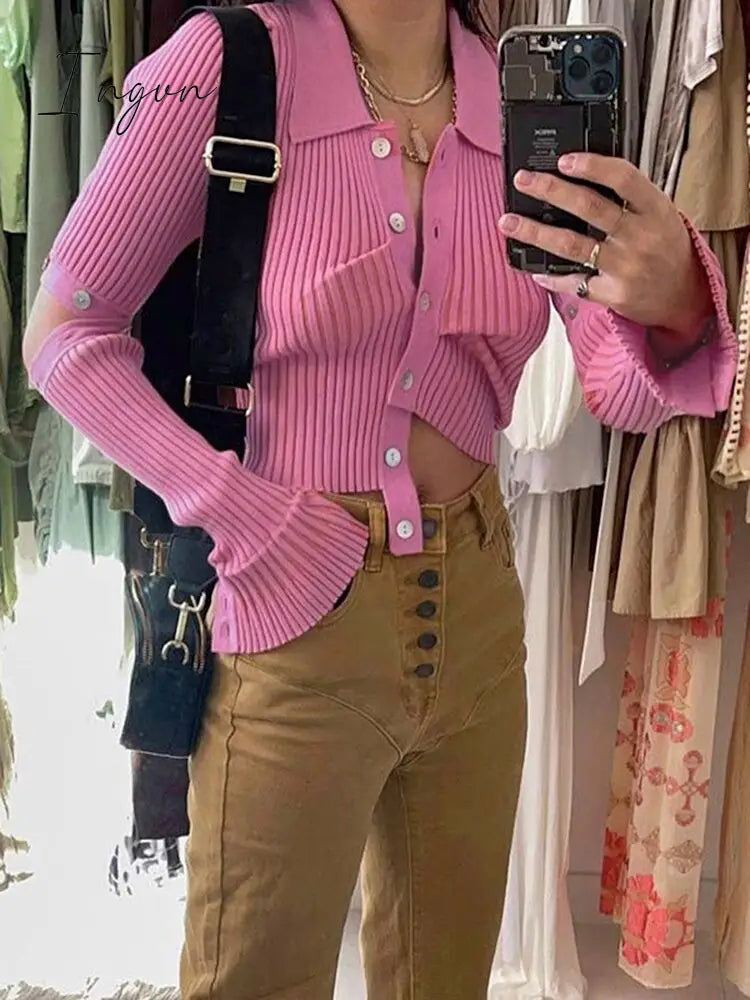 Ingvn - Fashion Trends Single Breasted Knitted Sweater Women Sexy Long Sleeve Asymmetrical Cardigans Solid Turn Down Collar Autumn Fashion Tops