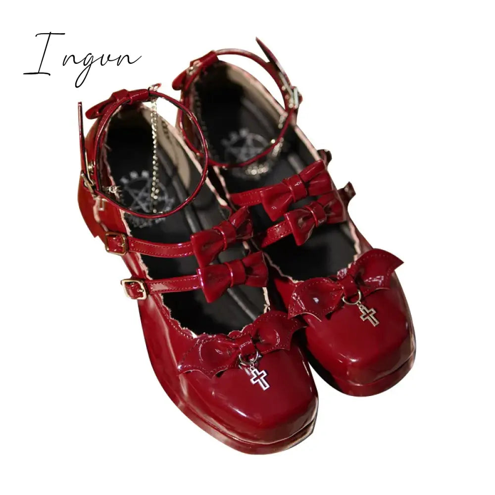 Ingvn - Lolita Sweet Girl Shoes Elegant Square Head High Heel Japanese Leather Shoes Cross Little Devil Bat Cosplay Cos Lolita Loli