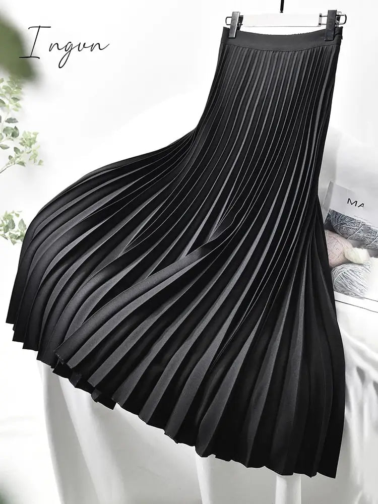 Ingvn - Brand Designer Women Spring Autumn Elegant Chic Solid Pleated Skirt High Waist Luxury Fashion With Elastic Female C-035