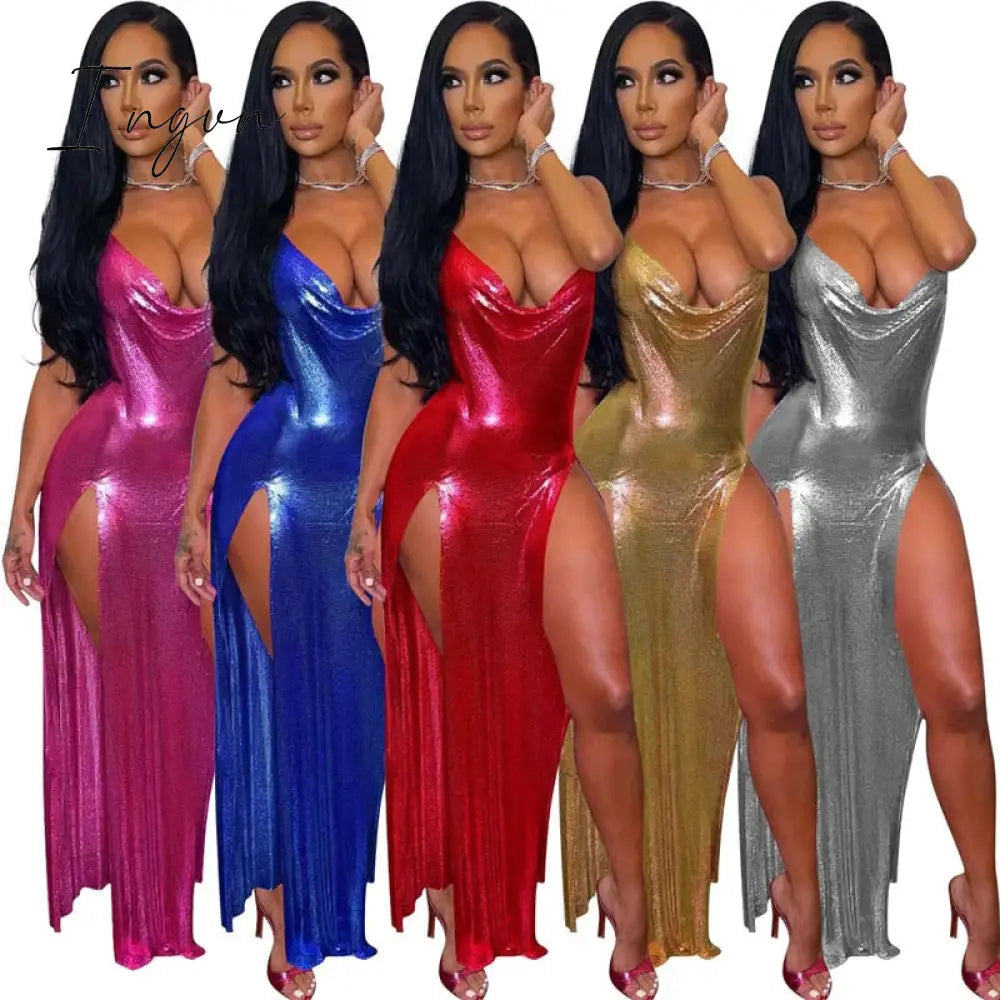 Ingvn - Sexy Glitter Metallic Off Shoulder Evening Dresses Women Night Party Festival Outfits Backless Side Split Long Dress Clubwear