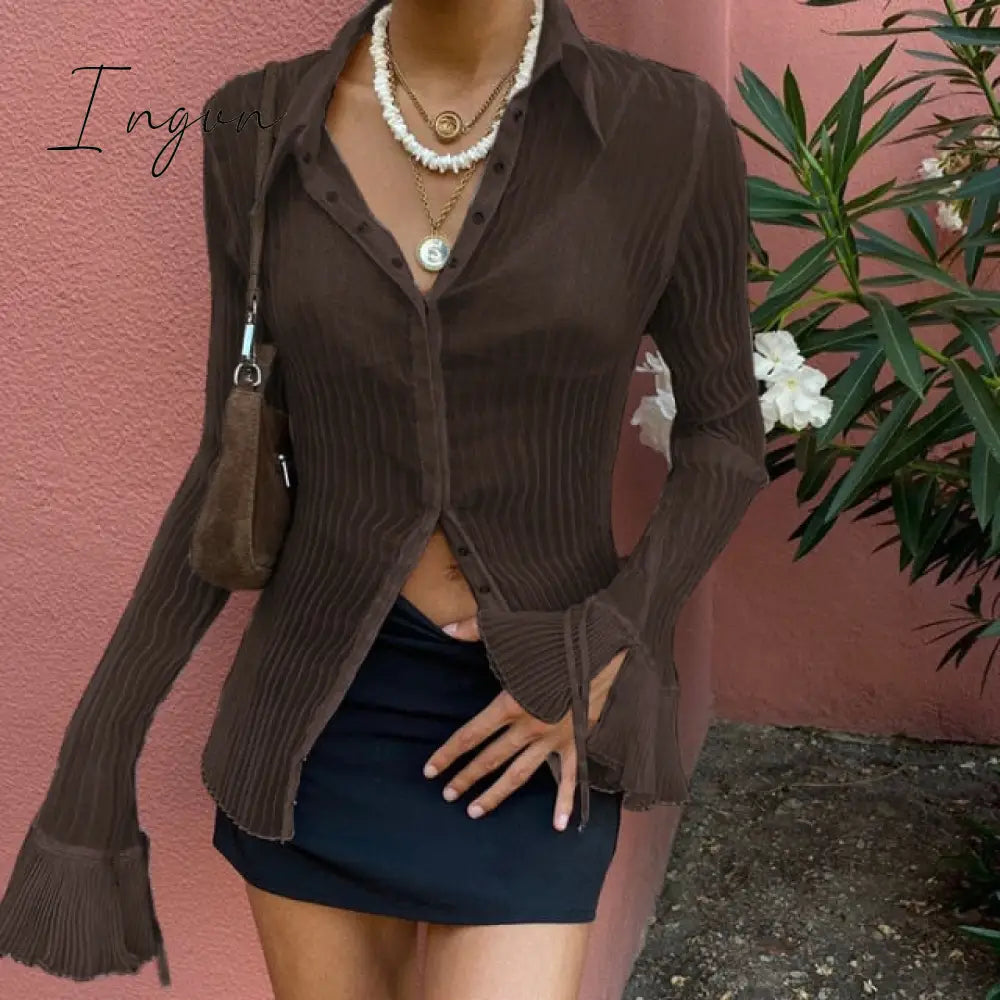 Ingvn - Autumn Women Sexy T Shirts Vintage Fashion V Neck Button Y2k See Through White Casual Long Sleeve Top Ladies