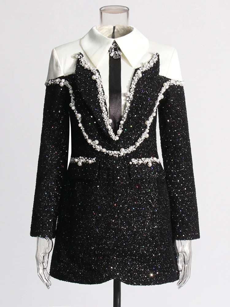 Elegant Hit Color Dresses For Women Lapel Long Sleeve High Waist Patchwork Sequins Mini Dress Female Fashion