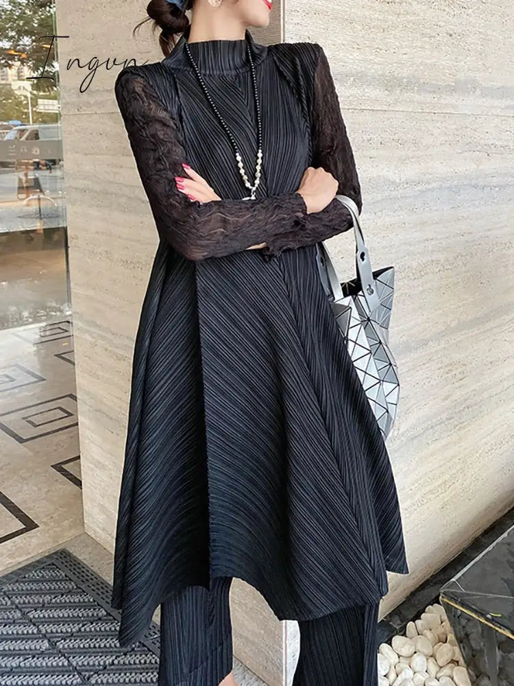 Ingvn - Sets Women Pleated Two Piece Set Fall 2023 Winter New Loose Casual Suit Lace Fashion Long Dress Top Pencil Pant Clothes