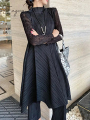 Ingvn - Sets Women Pleated Two Piece Set Fall 2023 Winter New Loose Casual Suit Lace Fashion Long Dress Top Pencil Pant Clothes