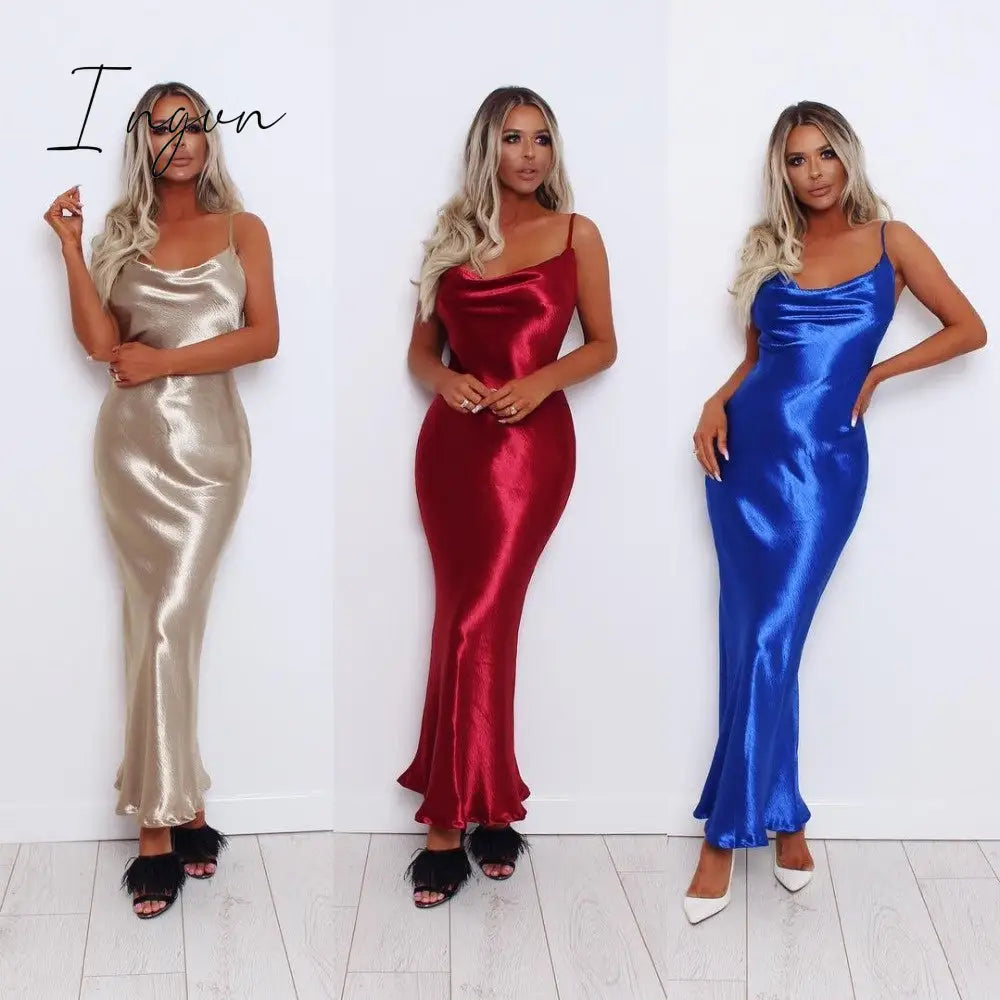 Ingvn - Summer Dresses For Women Sexy Spaghetti Strap Backless Summer Dress Women Satin Lace Up Trumpet Long Dress Elegant Bodycon Party Dresses