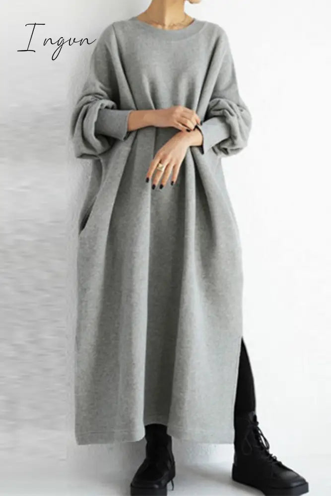 Ingvn - Casual Solid Slit O Neck Long Dress Dresses
