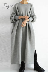 Ingvn - Casual Solid Slit O Neck Long Dress Dresses