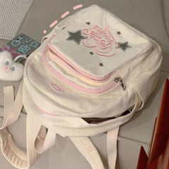 INGVN  Sweet Cute Backpack for Women Heart Star Letter White Corduroy Handbag New College Style Fresh Casual Fashion Shoulder Bag