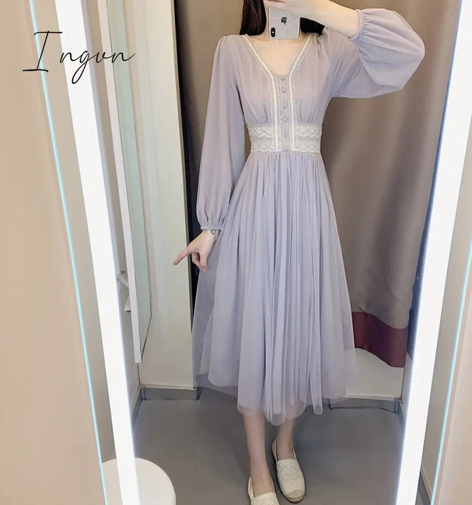 Ingvn - New Summer Mesh Dress Female V-neck Short Puff Sleeve A-line Women Dress Slim Korean Style Mesh Elegant Vintage Vestidos