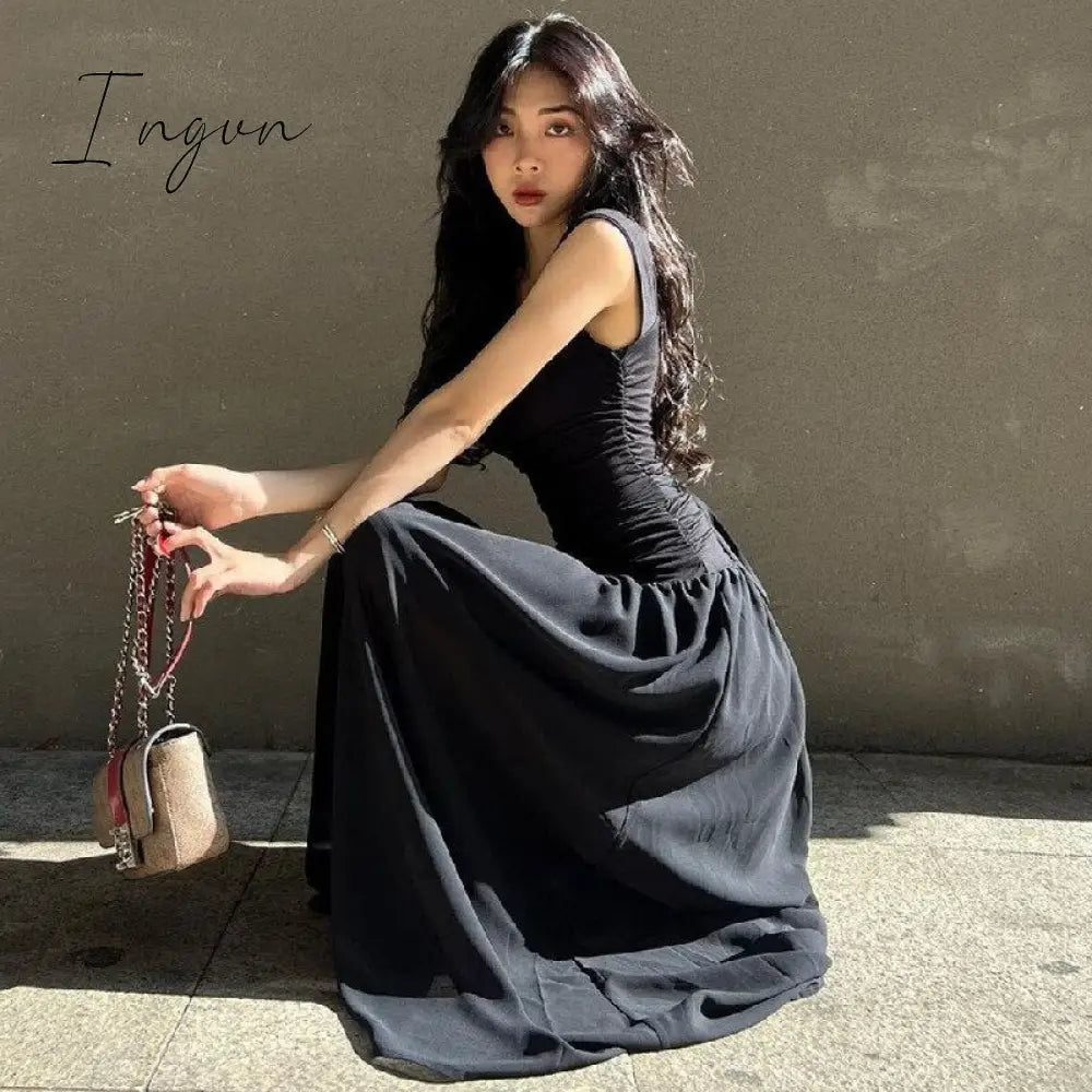 Ingvn - Fashion Mesh Ruched Black Maxi Dresses Elegant Birthday Summer Sexy Long Dresses Outfits Basic Casual Robe Vestido