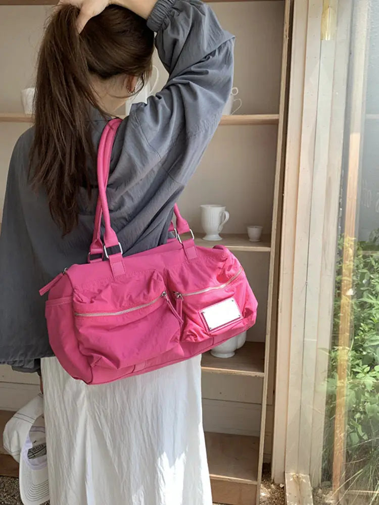 Ingvn  Women Nylon Shoulder Bag Korean Fashion Pink Y2k Handbag Large Capacity Casual Multi-pocket Tote Bag Zipper Design Travel Bag