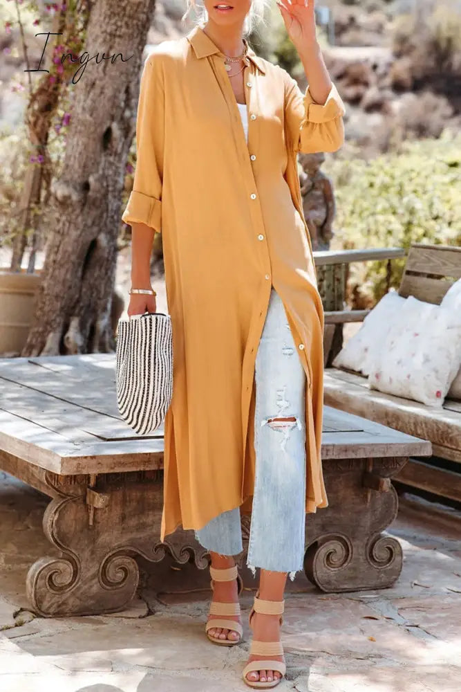 Ingvn - Casual Simplicity Solid Slit Turndown Collar Tops