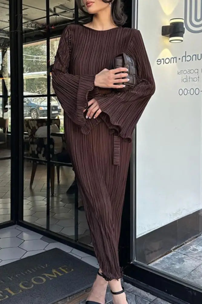 Ingvn - Elegant Solid Pocket Fold O Neck A Line Dresses