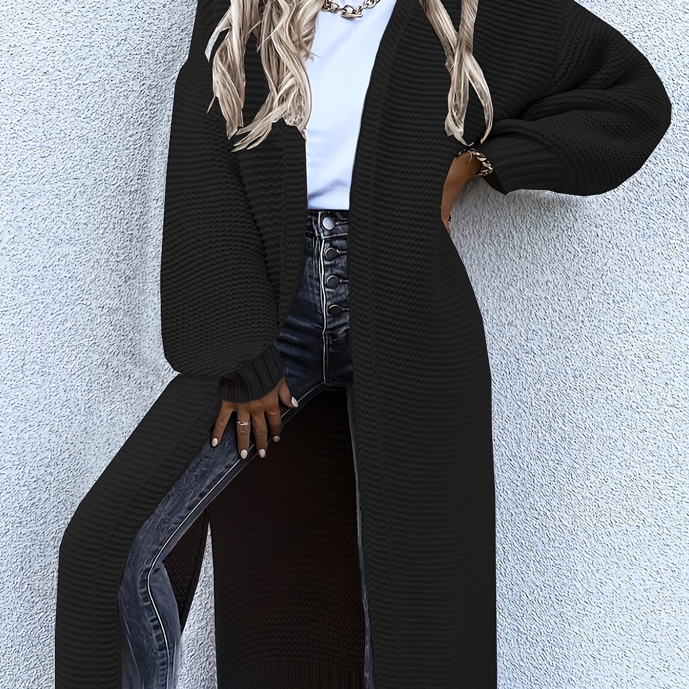 Women's Stylish All-Season Cardigan - Durable Knit with Chic Solid Color, Micro Elasticity, Open Front, and Side Splits