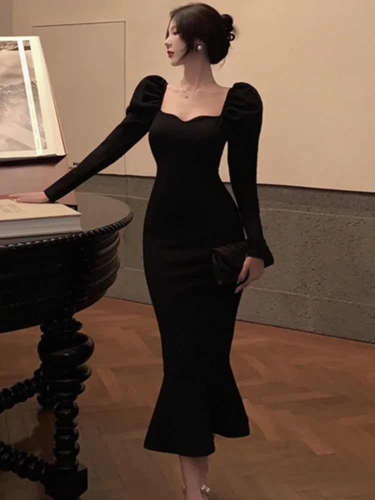 Elegant French Black Long Mermaid Dresses for Women Autumn Winter Square Collar Puff Sleeve High Waist A-Line Vestidos Mujer New