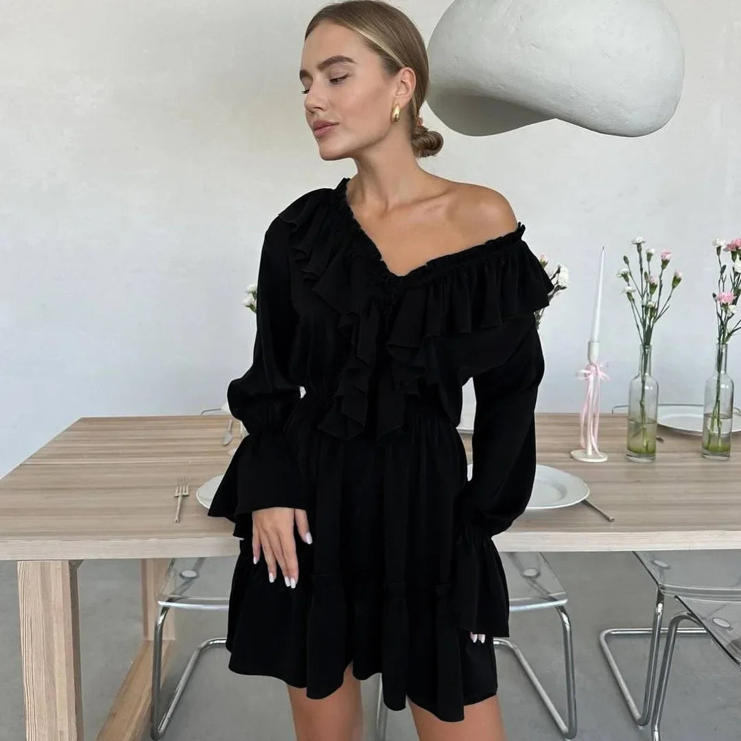 Ingvn  Fall V-neck Flare Sleeve Ruffles Short Dresses Streetwear Women's High Waist Lace-up Tunics Ruched A-line Pink Party Dress