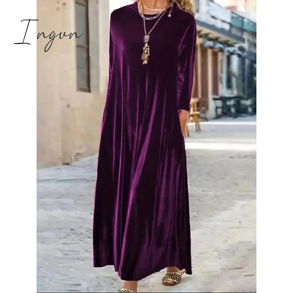 Ingvn - Women‘s Velvet Dress Shift Dress Caftan Dress Long Dress Maxi Dress Green Black Purple Long Sleeve Pure Color Pocket Winter Fall Spring Crew Neck Mature Winter Dress Daily Vacation 2023