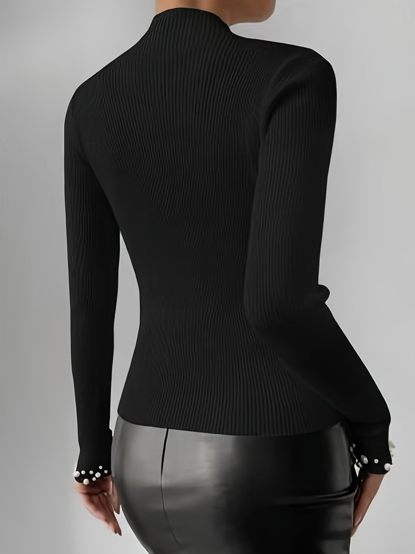 Stylish Beaded Mock Neck Sweater - Pullovers for Women - Long Sleeve, Casual, Fall and Winter Essential, Soft and Cozy Clothing with Decorative Accents