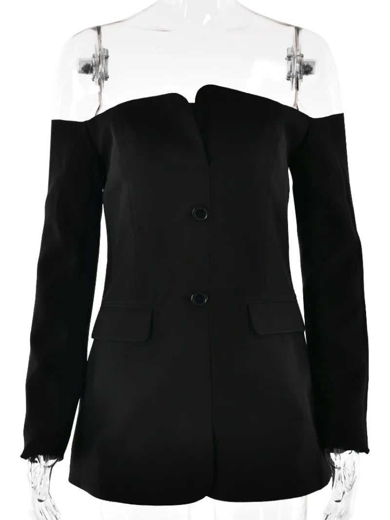 Ingvn  Fashion Slash Neck Long Sleeve Mini Party Dress Women's Elegant Chic Single Breasted Slim Short Blazer Dresses High Street