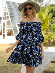 Womens Flora Dress 3/4 Sleeve Puff Sleeve A Line Midi Dress With Ruffle Hem Square Neck Dress For Wedding Guest