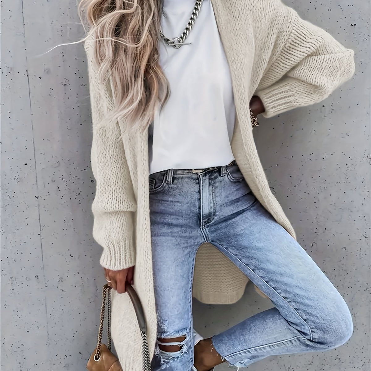 Stylish Solid Color Long Sleeve Mid-Length Open Front Cardigan - Women's Elegant Cardigans for Spring & Fall - Comfortable, Versatile, and Chic Clothing for Everyday Wear