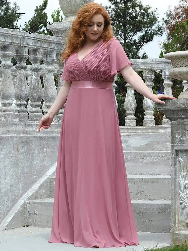 Ingvn - Summer Outfits New Women Plus Size Evening Dresses Long Elegant A Line V Neck Ruffles Chiffon Formal Wedding Party Dress Robe De Soiree