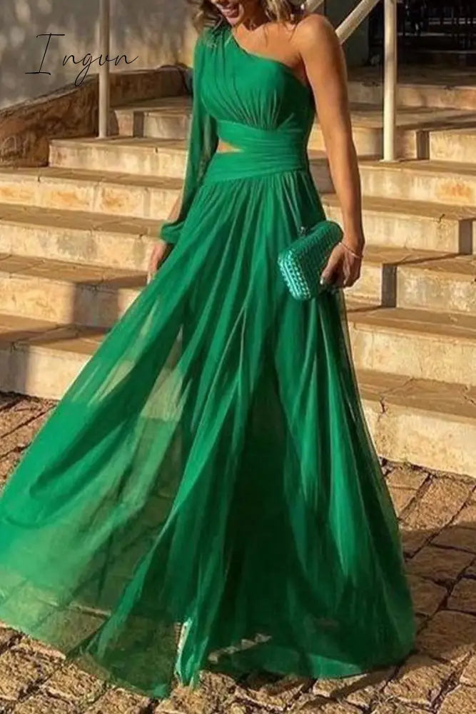 Ingvn - Sexy Formal Solid Patchwork Oblique Collar Evening Dress Dresses
